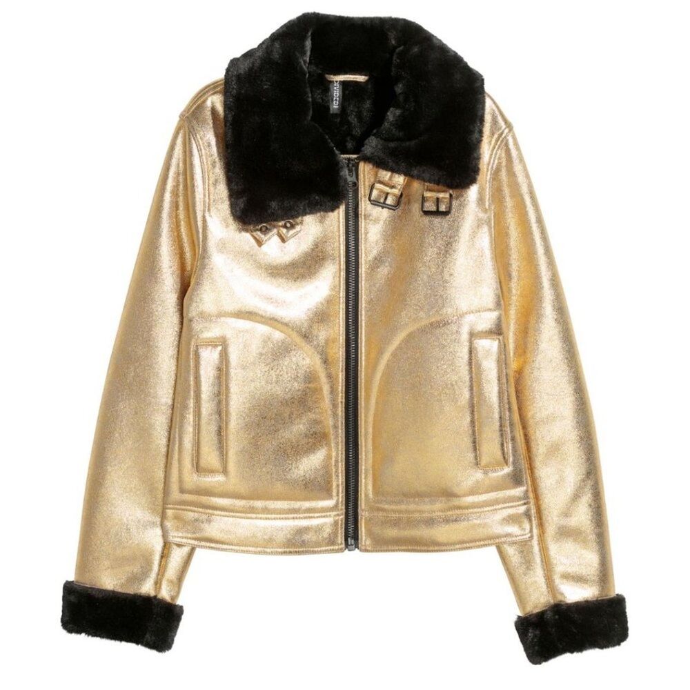 Metallic Gold Faux Suede Aviator Jacket w/ Black Shearling Trim Buckles Sz 4-6